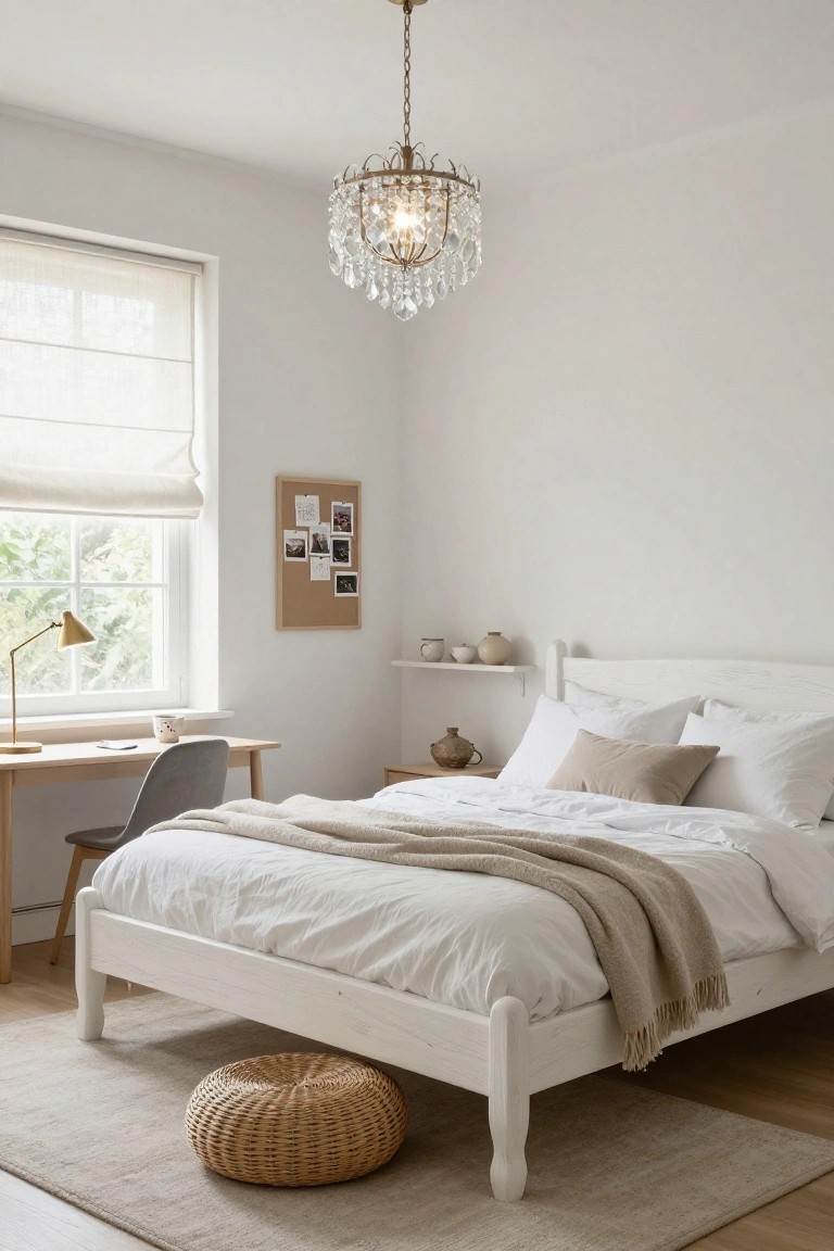 A white wooden bed with neutral bedding under a sparkling crystal chandelier in a light bedroom with desk, window blinds, and beige rug.
