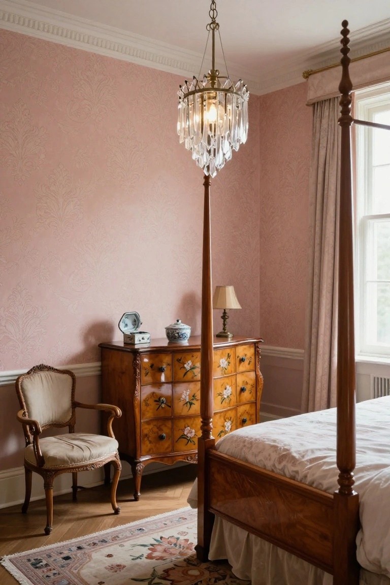 Pink floral wallpapered bedroom with brass and crystal droplet chandelier above wooden four-poster bed, mahogany dresser with chinoiserie details, and cream armchair on hardwood floor.