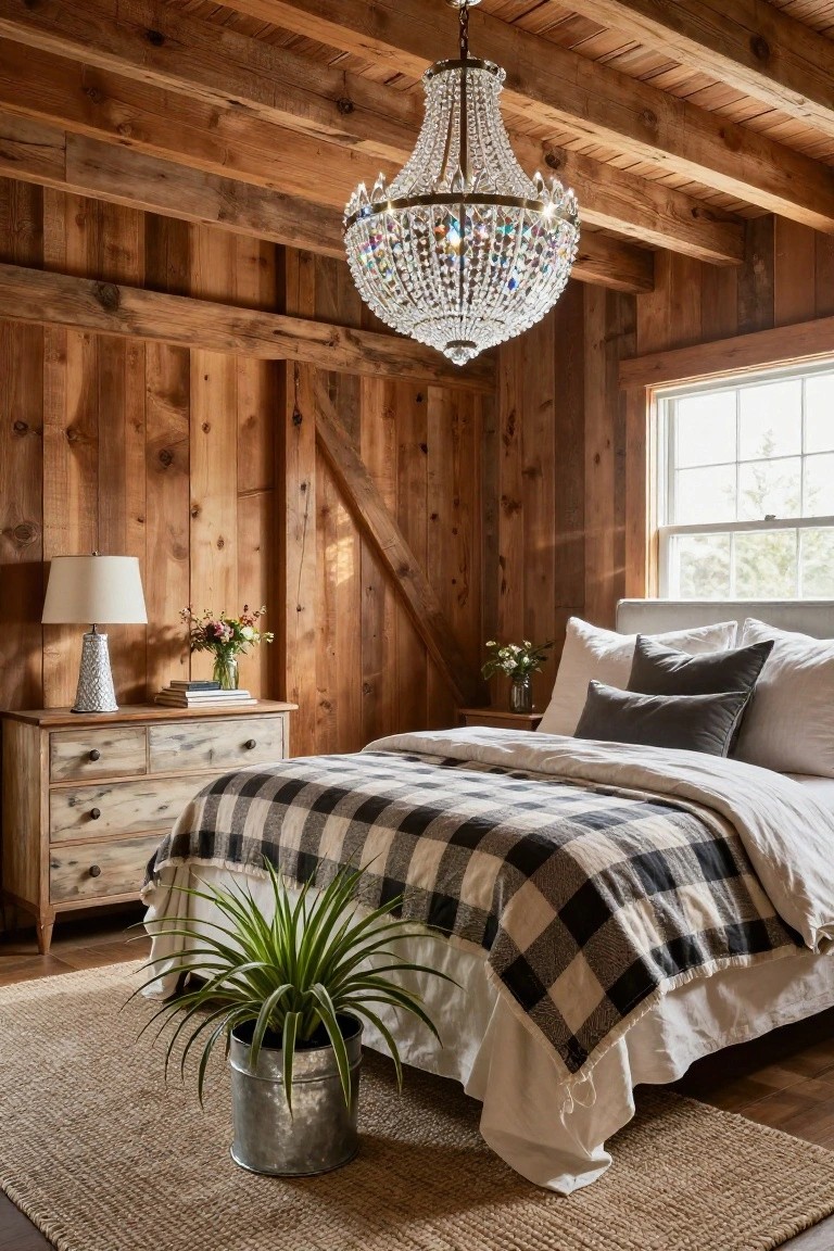Rustic bedroom with wood-paneled walls and ceiling beams, sparkling crystal chandelier over bed with plaid blanket and white linens, wooden dresser with lamp and flowers, potted plant in metal bucket on seagrass rug.