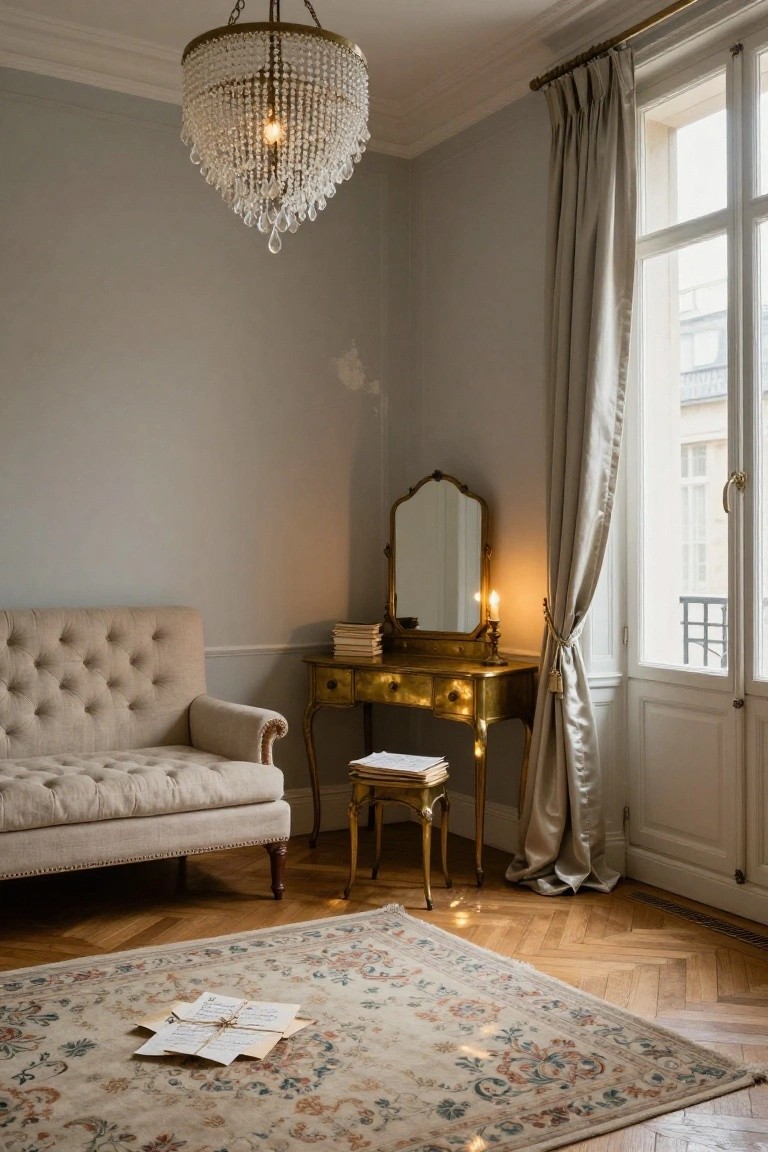 Pale gray bedroom corner with beaded crystal chandelier hanging above ornate gold vanity mirror and table, beige tufted sofa, oriental rug with scattered tied letters, and tall window with cream drapes.