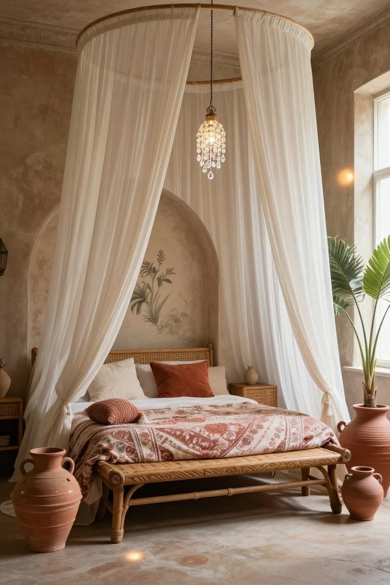 A bedroom with a round bamboo canopy bed draped in white sheer fabric, a small crystal droplet pendant light hanging inside the canopy, woven bench at the foot, terracotta pots, rattan side table, and potted palm plant near beige textured walls and arched niche.