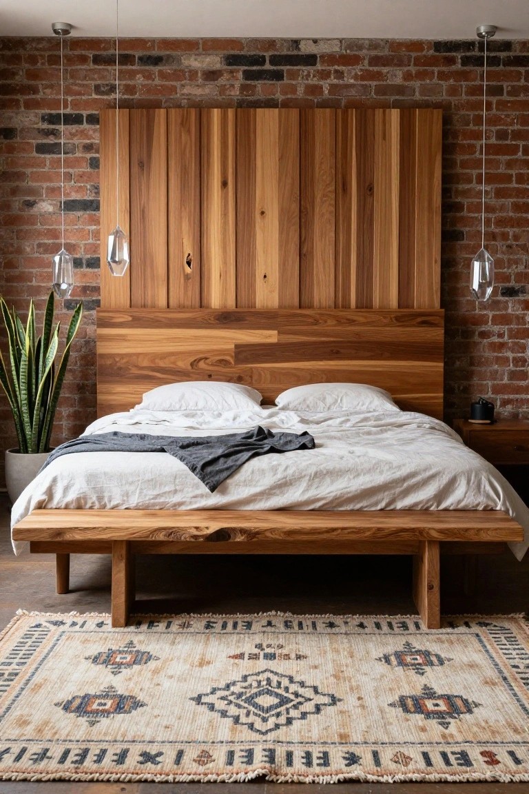 Bedroom featuring a low wooden platform bed with white linens and gray throw against a tall wooden slat headboard on an exposed brick wall, two clear crystal pendant lights hanging from the ceiling above the bed, a snake plant in a pot nearby, wooden nightstand, and a fringed beige rug with geometric patterns on a concrete floor.