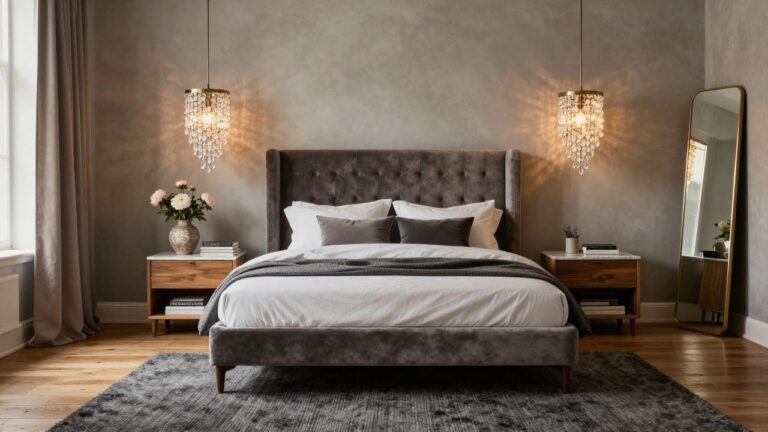 22 Sparkling Luxury Bedroom Pendant Light Ideas That Shine Bright A luxury bedroom with a sparkling gold and crystal chandelier hanging over a gray tufted upholstered bed dressed in white linens, flanked by nightstands, a bench at the foot, mirror on the wall, and large curtained windows.