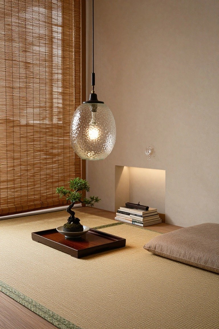A textured frosted glass pendant light with exposed bulb hangs above a bonsai tree on a wooden tray in a minimalist room featuring tatami floor mats, bamboo blinds, stacked books, and a beige floor cushion.