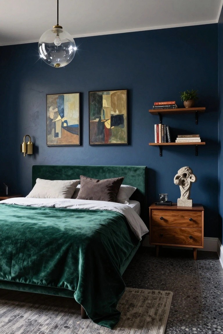 Navy blue bedroom with a large clear glass globe pendant light hanging above a green velvet bed, abstract paintings on the wall, floating shelves with books and a plant, a stone sculpture on the wooden nightstand, and a gold wall sconce.
