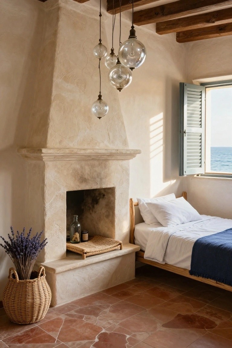 Bedroom interior featuring a stone fireplace with woven tray and bottles on the hearth, a simple wooden bed with white linens and blue throw, potted lavender, hanging cluster of clear glass pendant lights from wooden beams, blue shutters on window overlooking the sea, and terracotta tile floor.