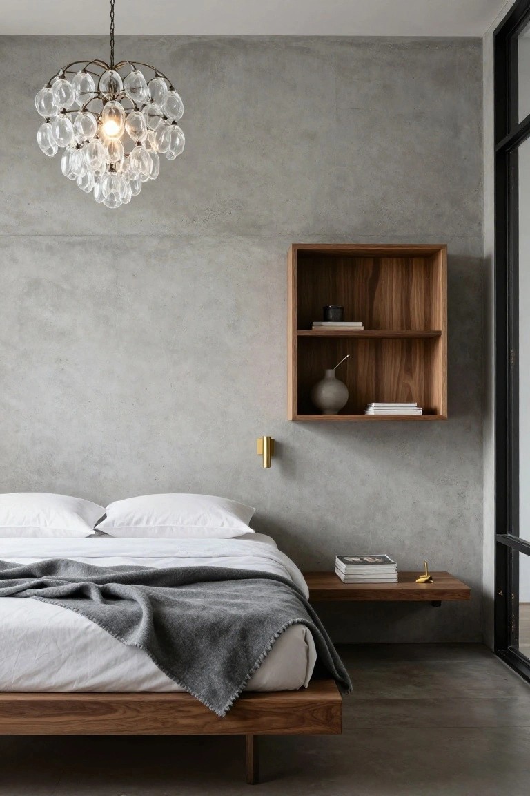 Bedroom with low wooden platform bed draped in white sheets and gray throw blanket, illuminated by brass-trimmed glass bubble pendant light, floating wooden shelf with books and vase on gray concrete wall, polished concrete floor.