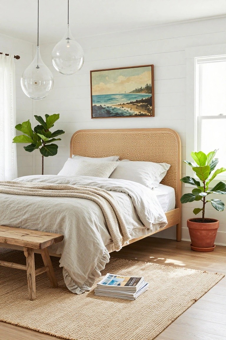 Bedroom featuring two large clear glass teardrop and orb pendant lights hanging above a bed with beige rattan headboard, white linens, two fiddle leaf fig plants, a seascape painting on white shiplap wall, wooden bench at bed foot, and seagrass rug on wood floor.