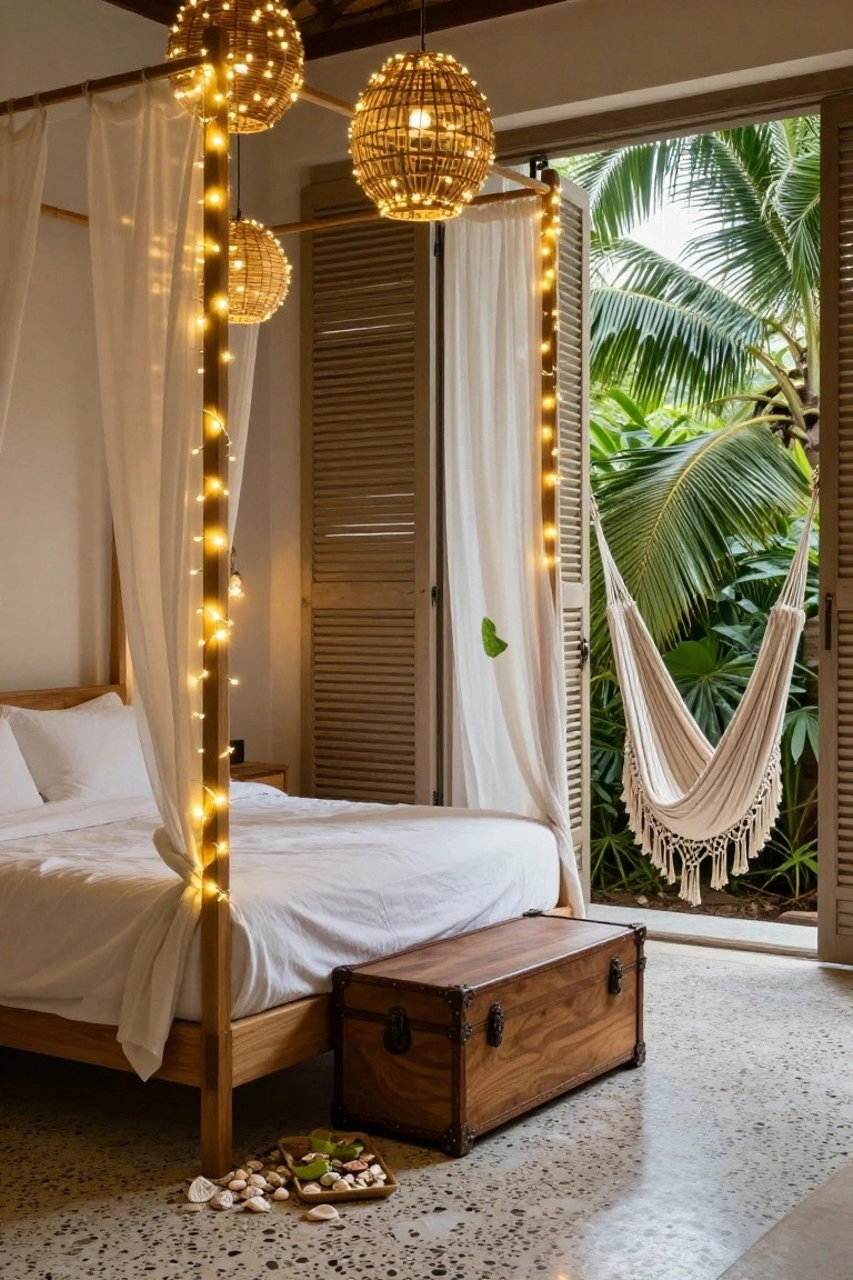 Bedroom with wooden canopy bed draped in white fabric and fairy lights on posts, multiple woven rattan pendant lights hanging overhead, open louvered doors to tropical garden with hammock, wooden trunk on terrazzo floor.