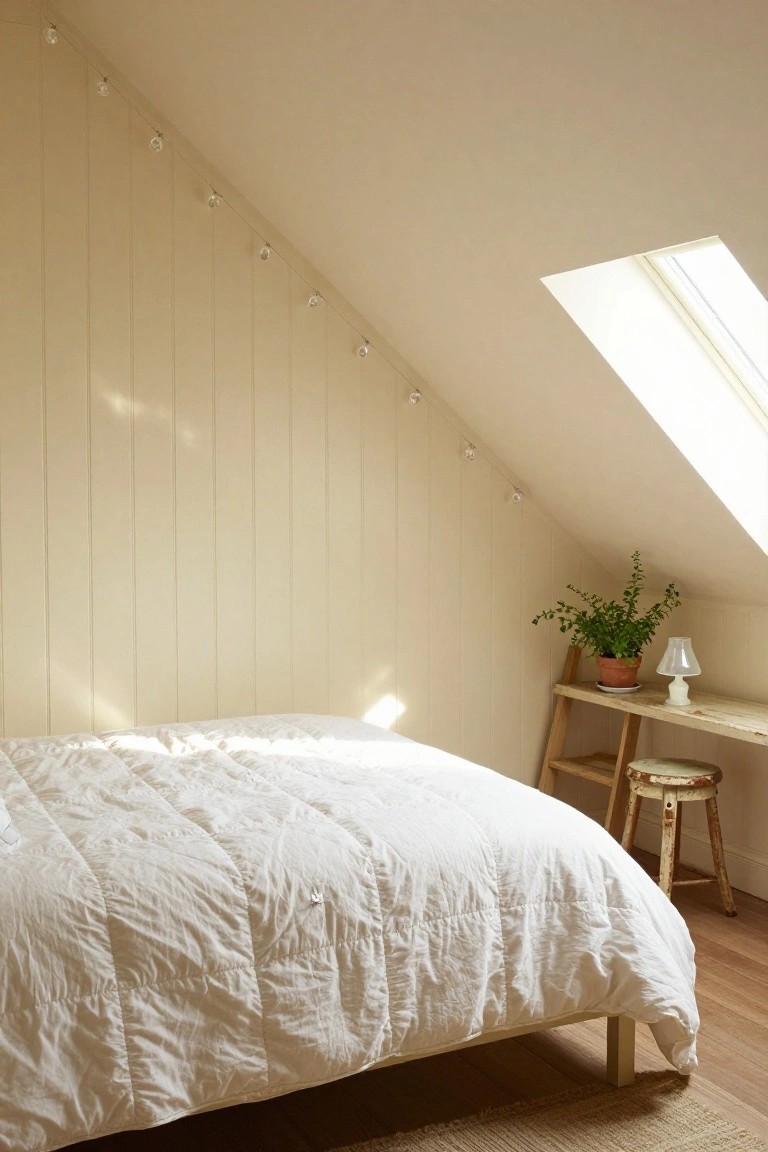 Attic bedroom featuring a low platform bed with white duvet, wooden floors, beige vertical wall paneling, sloped ceiling with row of small glass pendant lights, skylight, small desk with plant and lamp, and ladder-back stool.