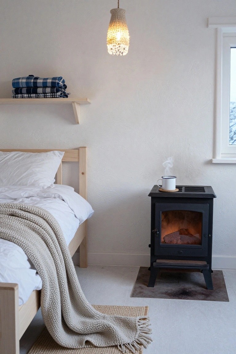 Cozy bedroom interior with wooden bed draped in knit blanket, plaid blankets on shelf, wood-burning stove with enamel mug on top, and sparkling textured pendant light hanging from ceiling near window with snowy view.