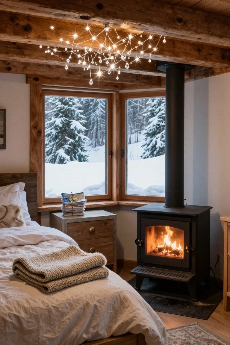 Wood-beamed bedroom interior featuring a sparkling starburst crystal chandelier from the ceiling, wood-burning stove with fire, bed with white linens and gray blanket, wooden nightstand, and large windows overlooking snowy pine forest.