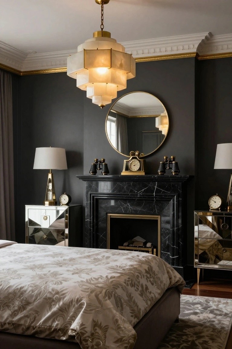 Luxury bedroom with dark gray walls, a large tiered white alabaster chandelier hanging over a white floral duvet bed, black marble fireplace with gold clock and binoculars on mantel, mirrored nightstands with lamps, and gold-trimmed round mirror above fireplace.