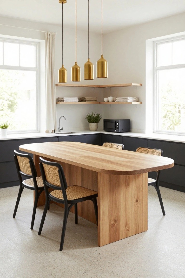 Contemporary kitchen with a large oval light wood dining table and black rattan chairs, next to dark cabinets, white counters, sink, microwave, open wood shelving, gold pendant lights, and large windows.