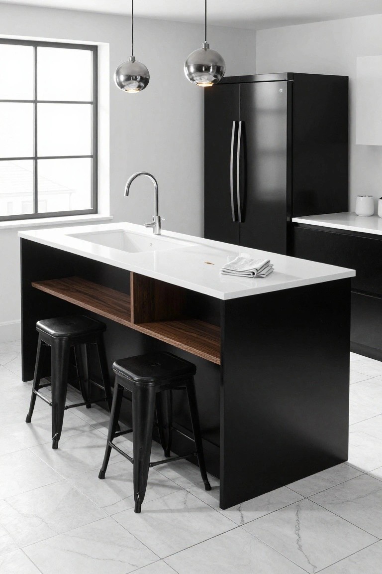Modern kitchen with central black kitchen island featuring white quartz countertop, integrated sink, open walnut shelving on one side, and two black metal bar stools, black refrigerator in background, pendant lights overhead, white walls and tile floor.