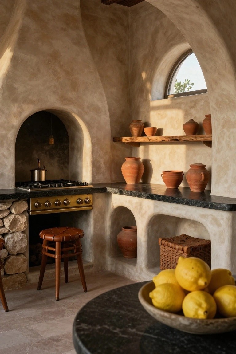 A small kitchen with curved beige plaster walls and arches, black stone countertop peninsula over a gold stove, leather-topped wooden stool, terracotta pots on shelves and in niches, and a round black table holding a bowl of lemons.