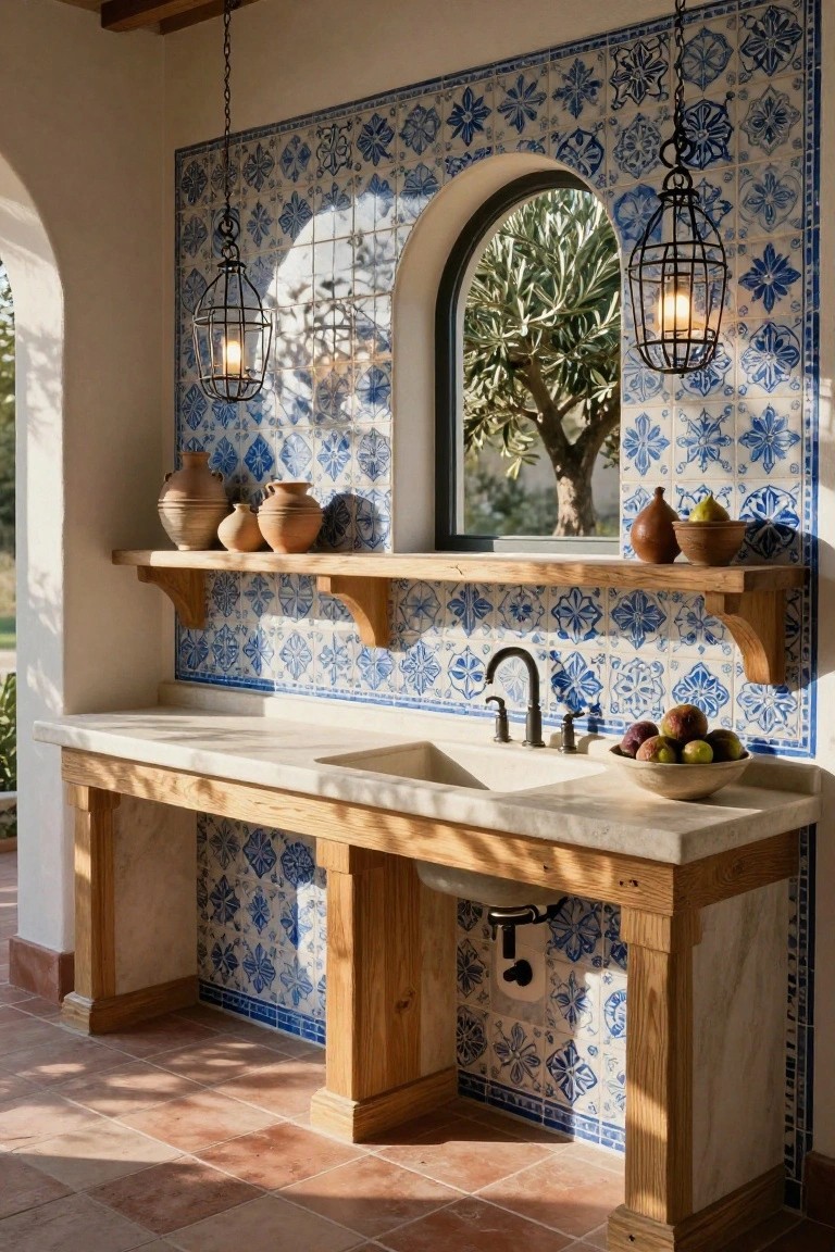 Rustic kitchen sink station with blue patterned tile backsplash on white wall, wood shelves holding terracotta pots and fruit bowl, stone sink top on wood base, arched window showing olive tree outside, hanging lantern lights above.