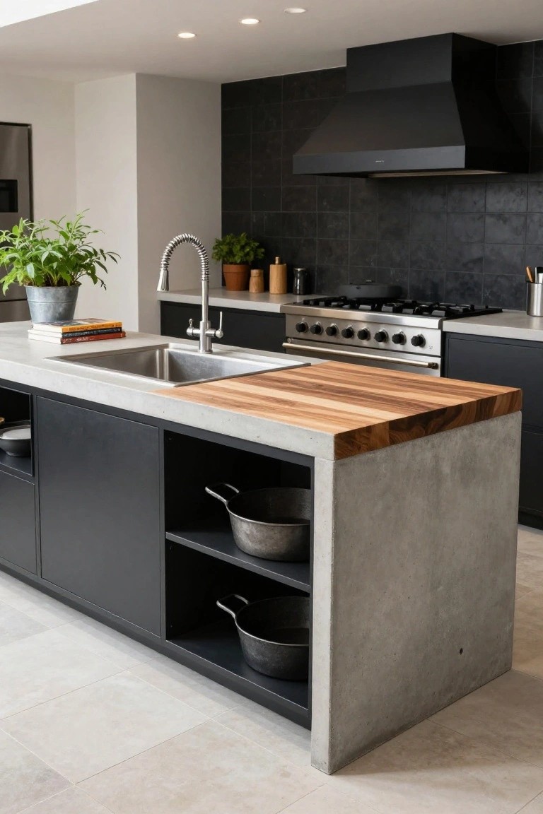 Modern kitchen with gray concrete island topped by striped wood butcher block countertop, undermount stainless sink, black cabinets with open shelving holding metal pots, black range hood over stainless oven, and potted plants nearby.