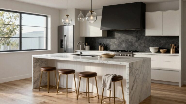 Modern white kitchen with central marble-topped island, two brass bar stools with leather seats, white cabinets, black marble backsplash behind gas range, and two glass pendant lights.