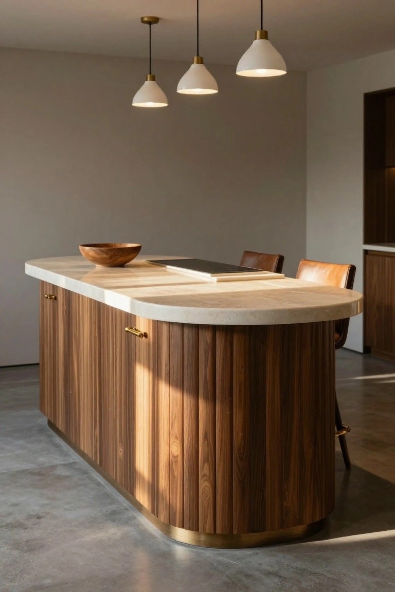 Curved kitchen island with fluted vertical wood panels on the base, white marble top, brass handles and foot rail, two leather stools, wooden bowl, and three white pendant lights above in a minimalist room with beige walls and gray floors.