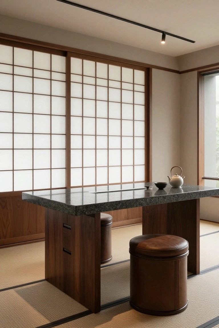 Minimalist indoor room with shoji screens, tatami floor, central black granite-topped wooden table, two brown leather stools, white teapot and cups on the table, and track lighting overhead.