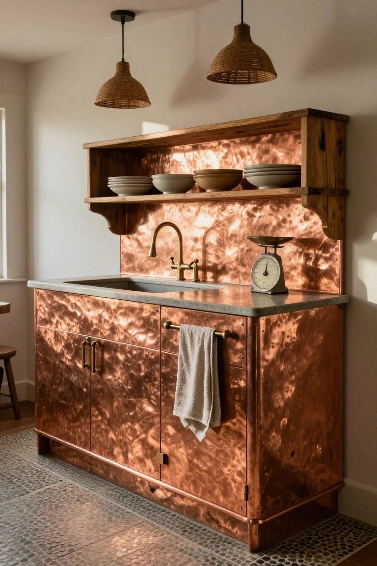 Kitchen with hammered copper cabinets and backsplash, concrete countertop, brass faucet and scale, wooden shelves holding ceramic bowls, rattan pendant lights, wooden stool, and pebble tile floor.
