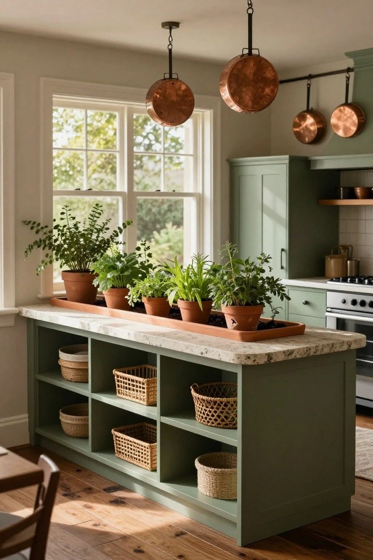 Sage green kitchen island with white quartz countertop holding trays of terracotta pots with various herbs, open lower shelves storing woven baskets, in a green cabinet kitchen with hanging copper pots and large windows.