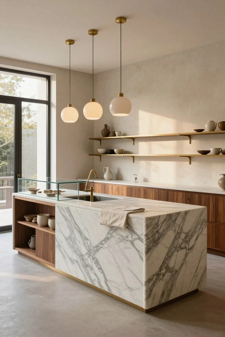 Kitchen interior with central island featuring white veined marble countertop on wood cabinets, integrated sink, brass pendant lights hanging above, and open shelving on walls.