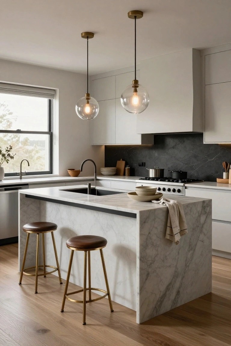 Modern white kitchen with central marble-topped island, two brass bar stools with leather seats, white cabinets, black marble backsplash behind gas range, and two glass pendant lights.