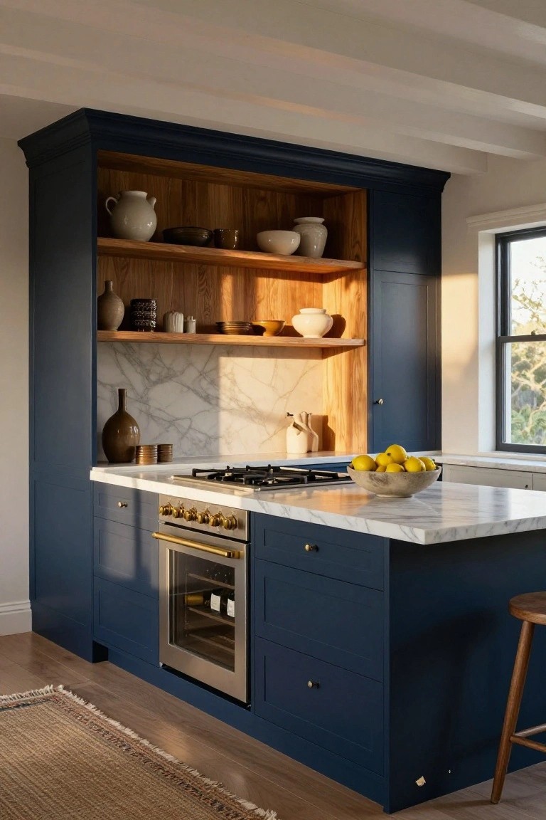 Kitchen interior with navy blue cabinets, white marble island countertop holding a brass-handled gas range and bowl of lemons, integrated wine cooler, open wooden shelving with ceramics, wooden bar stool, and window light.