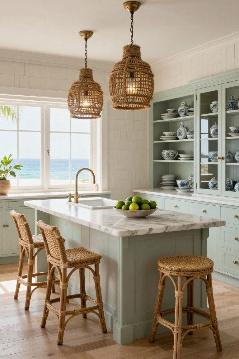 Kitchen interior with a white marble-topped island supported by sage green cabinets, surrounded by rattan barstools, woven pendant lights overhead, glass-fronted cabinets displaying blue and white china, a potted plant, and large windows showing the ocean.