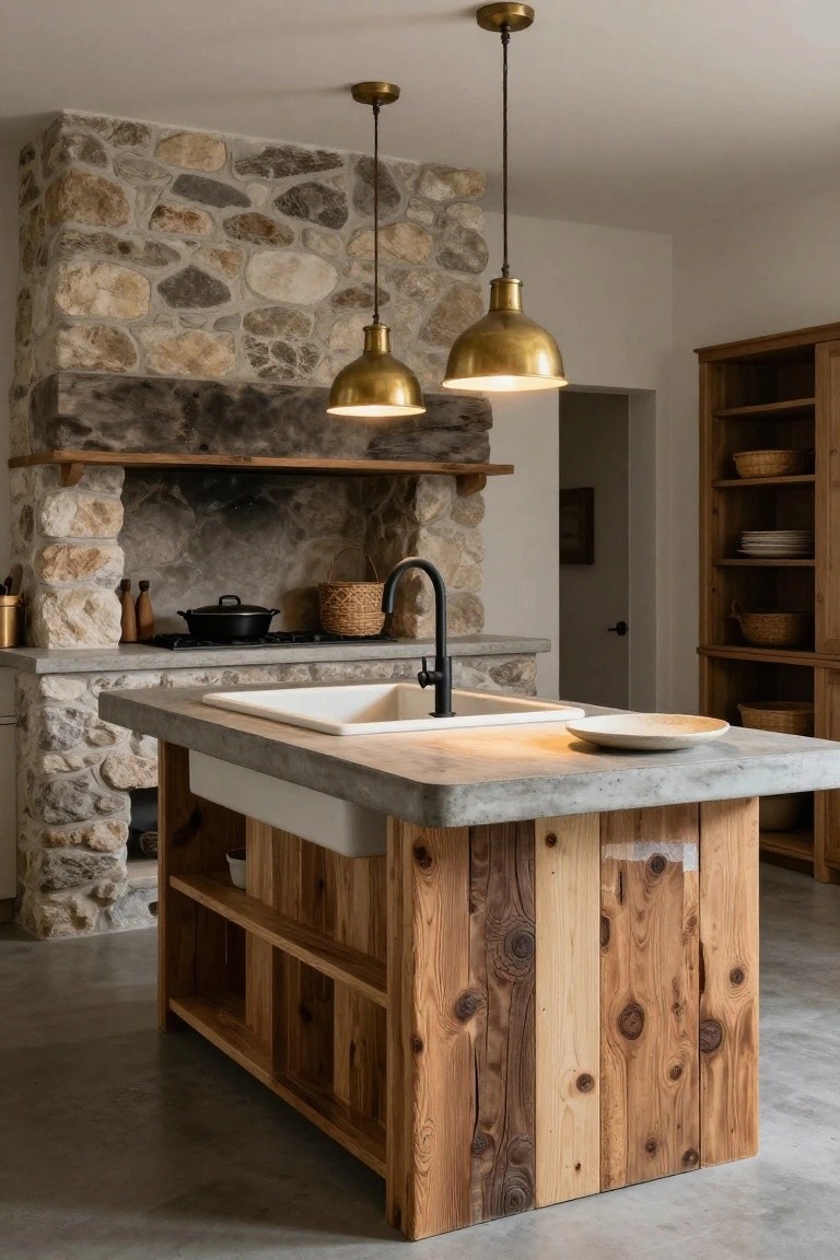Kitchen with a large rectangular island of vertical wooden planks topped by concrete counter and undermount sink, adjacent to stone fireplace wall with cooktop, brass pendant lights overhead, and wooden cabinetry nearby.