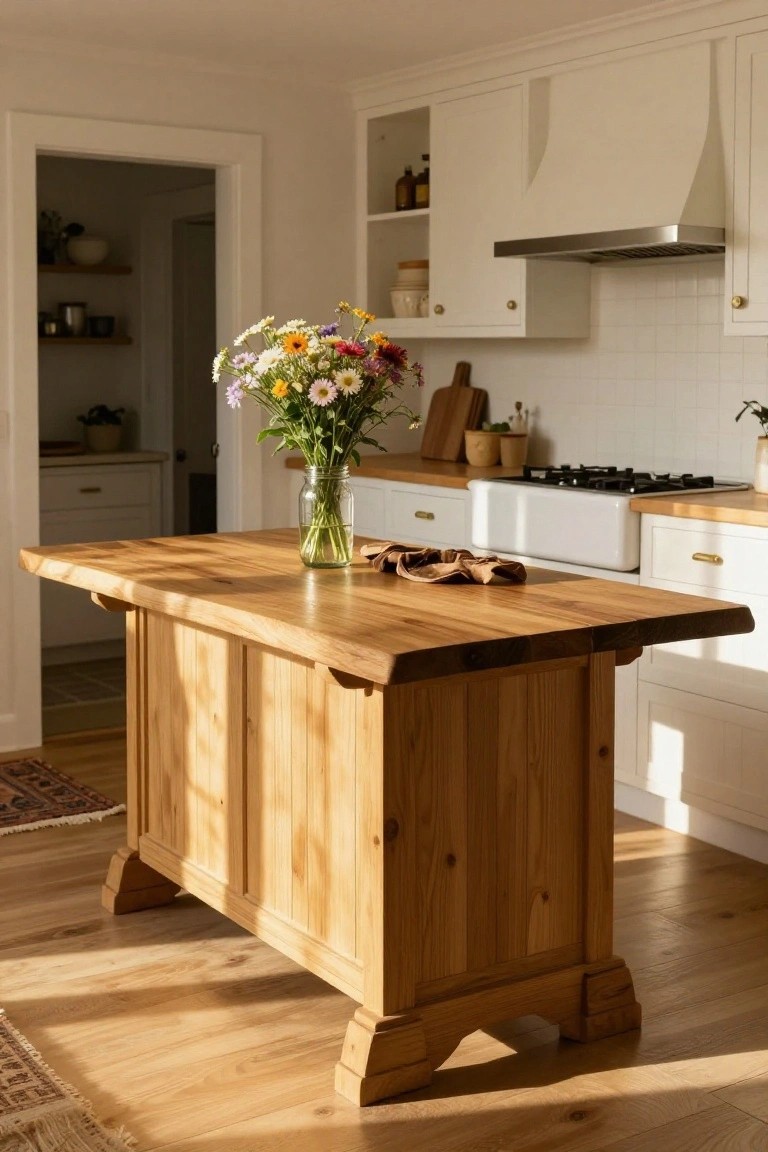 Kitchen with a large wooden island topped by a vase of mixed flowers in a mason jar, white cabinetry, farmhouse sink, gas cooktop, and hardwood floors in sunlight.