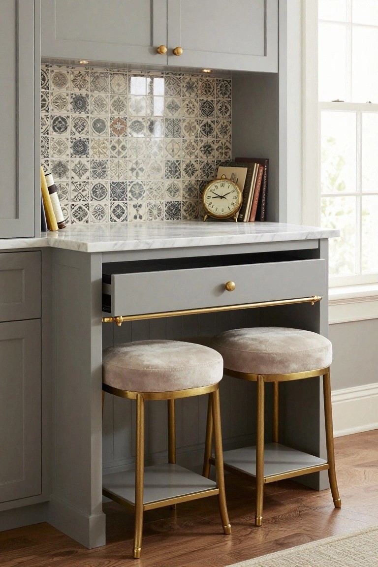 Gray kitchen peninsula with white marble countertop, open gray drawer with gold pull, gold footrail, two beige upholstered stools on gold legs, patterned tile backsplash, books, clock, and wine bottle on shelves beside a window.