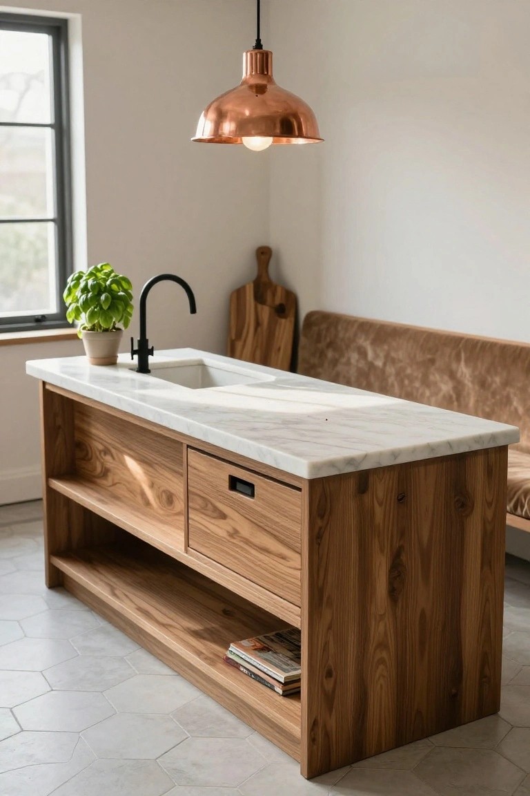 Kitchen island with teak wood base and drawers, white marble countertop and integrated sink with black faucet, basil plant pot, copper pendant light overhead, wooden cutting board on wall, open shelving with books, and tan upholstered bench beside it on hexagonal tile floor.