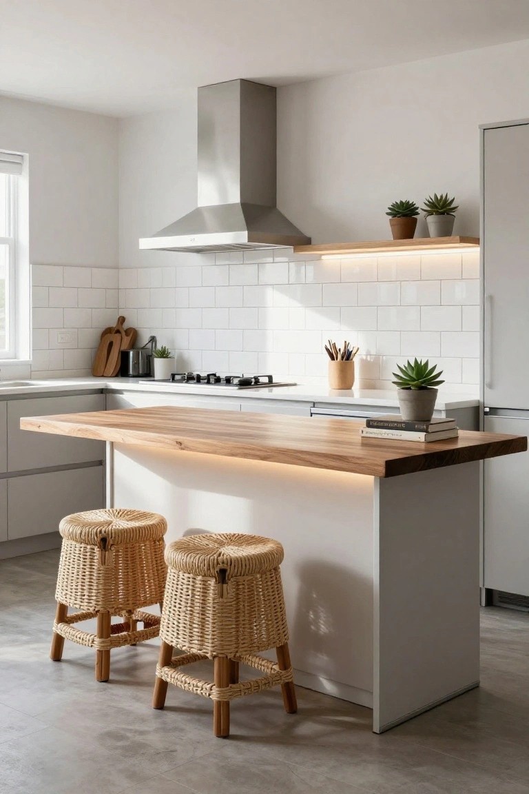 Modern white kitchen with light wood-topped island bar, two rattan bar stools, stainless steel hood vent over gas cooktop, and potted plants on shelves and counters.