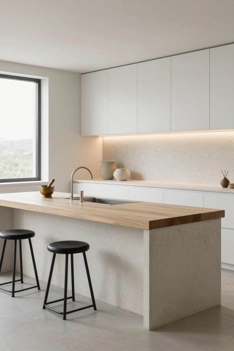 Modern minimalist kitchen with white cabinets, a central island featuring light oak wood countertop and integrated sink, two black stools, beige backsplash, ceramic vases, and a window with landscape view.