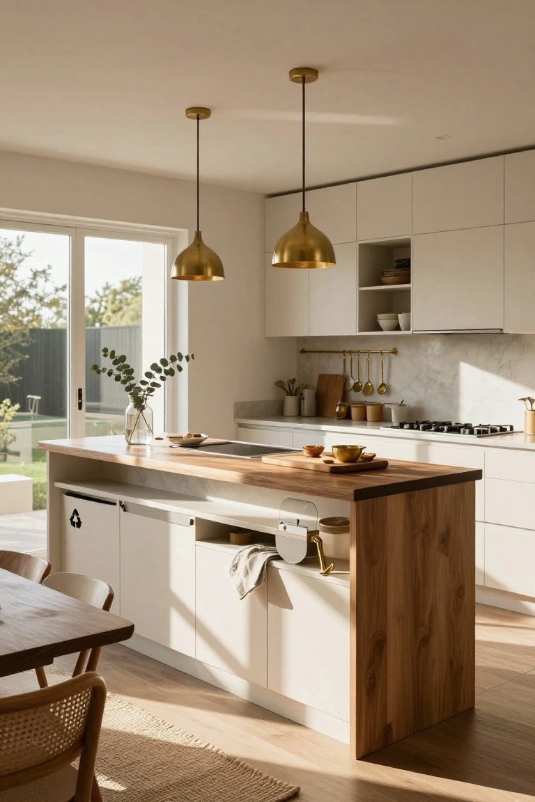 Modern kitchen with white cabinets, a central wooden-topped island featuring integrated storage drawers and bins, gold pendant lights overhead, and a sliding door view to the garden.