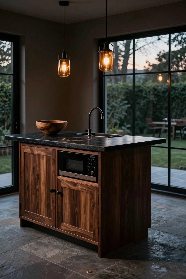 Freestanding kitchen island made of walnut wood cabinets with black stone countertop, integrated sink, faucet, and microwave drawer, wooden bowl on top, in a room with slate floor and large windows to garden.