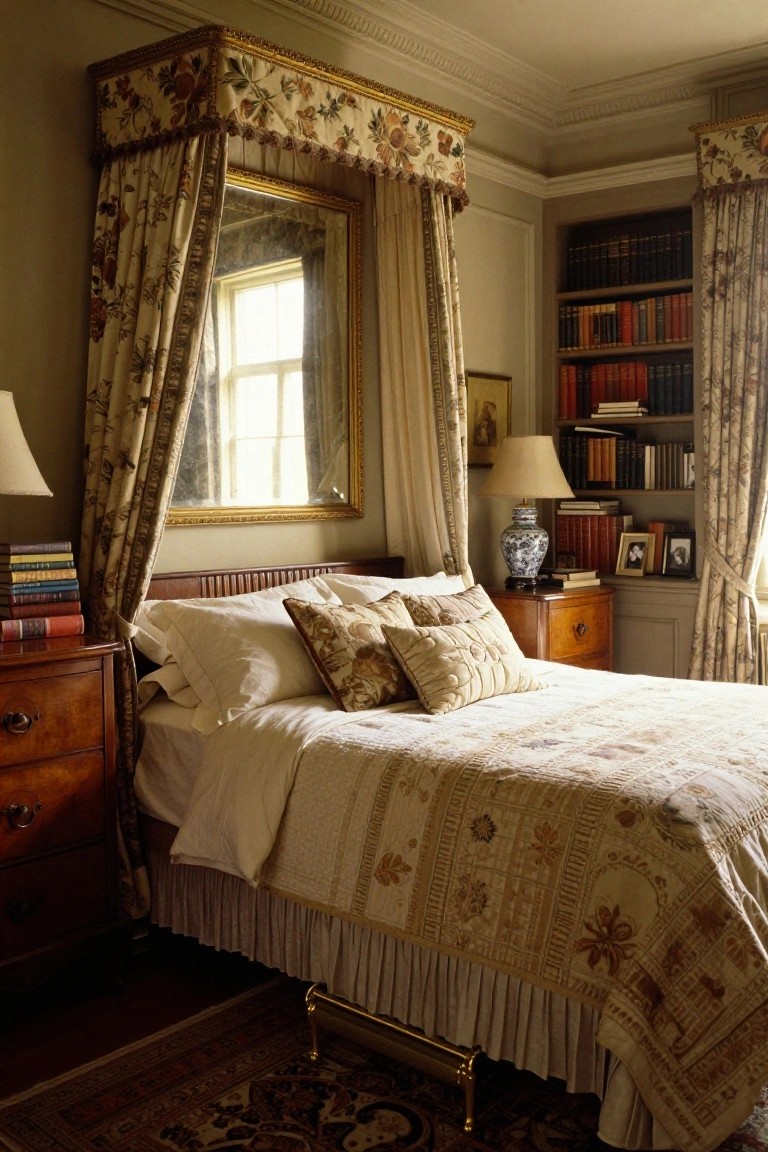 A traditional bedroom with a large gold-framed mirror surrounded by beige floral drapes forming a canopy over a white quilted bed, flanked by wooden furniture and bookshelves.