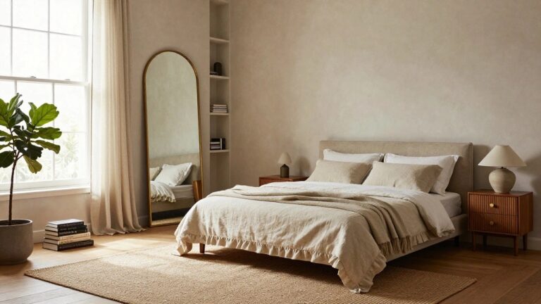 Beige bedroom featuring a large gold-framed oval mirror on the wall beside a bed with white linen sheets and pillows, a potted fiddle leaf fig plant, sheer curtains on a window, wooden nightstand, seagrass rug, and herringbone hardwood floor.