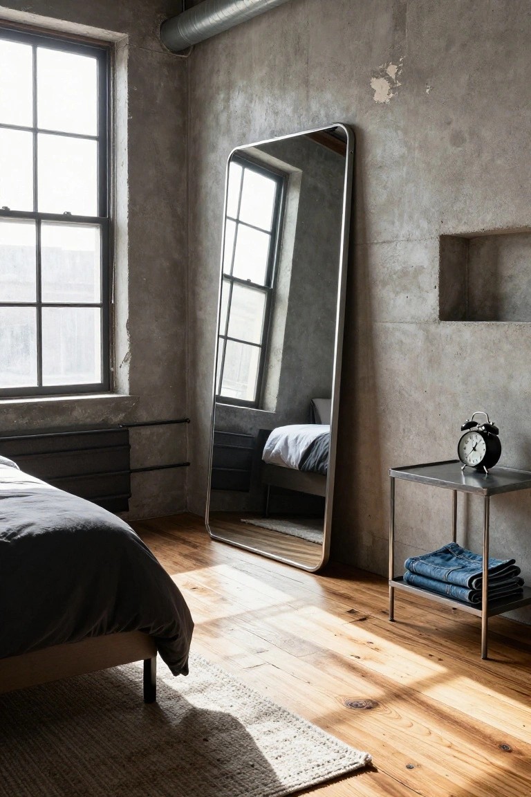 Tall slim full-length mirror leaning against concrete wall in industrial bedroom with bed, side table holding alarm clock and folded jeans, and window light.