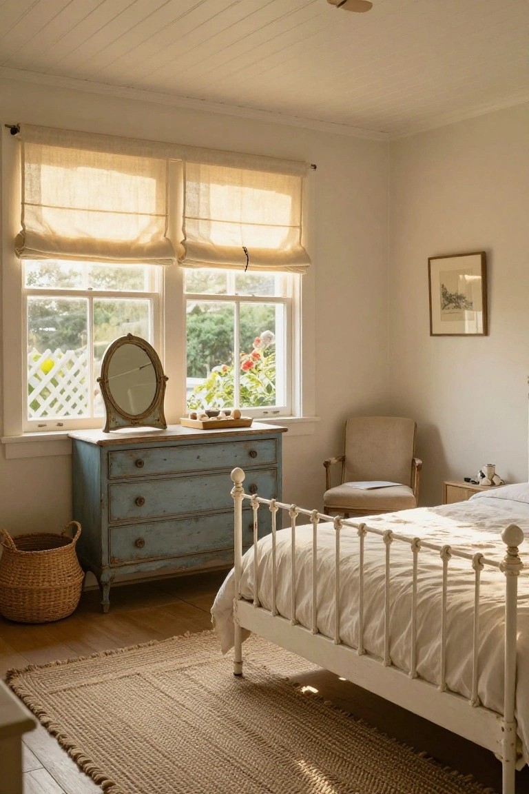 Sunlit bedroom interior with white walls, blue distressed dresser topped by oval mirror facing garden-view windows, white iron bed, beige armchair, wicker basket, and jute rug on wood floors.