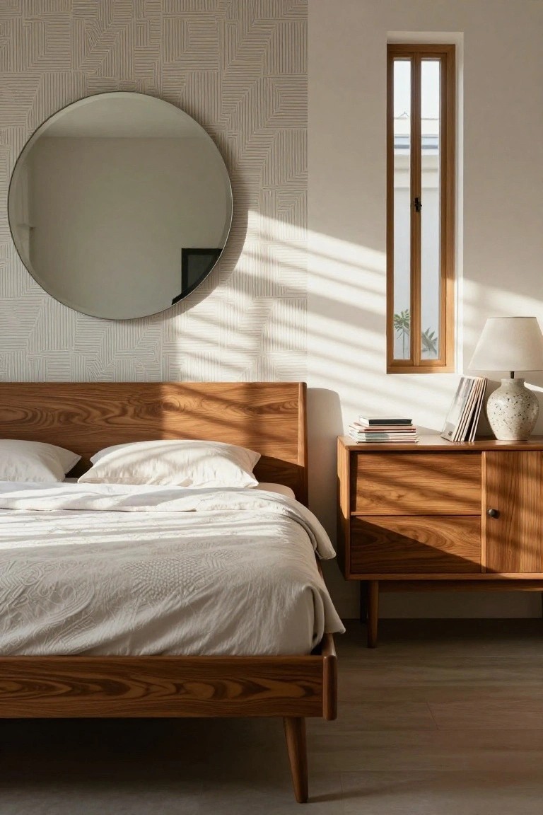 A sunlit bedroom with a large round mirror on a textured wall, wooden mid-century bed with white bedding, matching nightstand holding books and a lamp, and a tall narrow window.