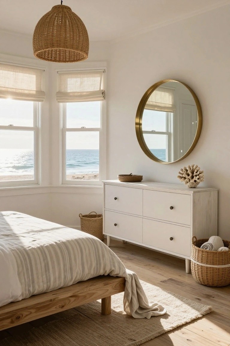 White bedroom with low wooden bed draped in white linens, four-drawer white dresser topped with basket and coral, large gold round mirror above dresser, wicker baskets with towels, linen roman shades on windows overlooking beach and ocean, rattan pendant light.
