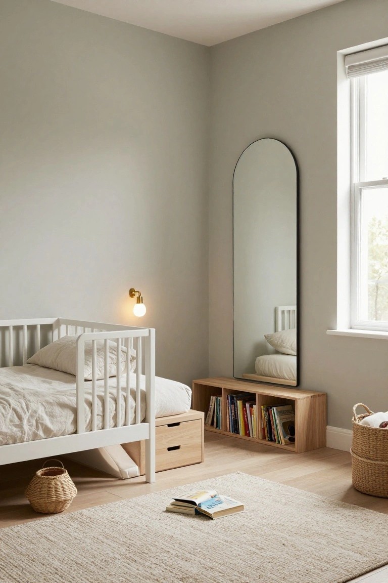A nursery room with pale greige walls, white wooden crib with white linens, tall arched black floor mirror, oak shelving unit with books, rattan baskets, and light wood flooring with cream rug.