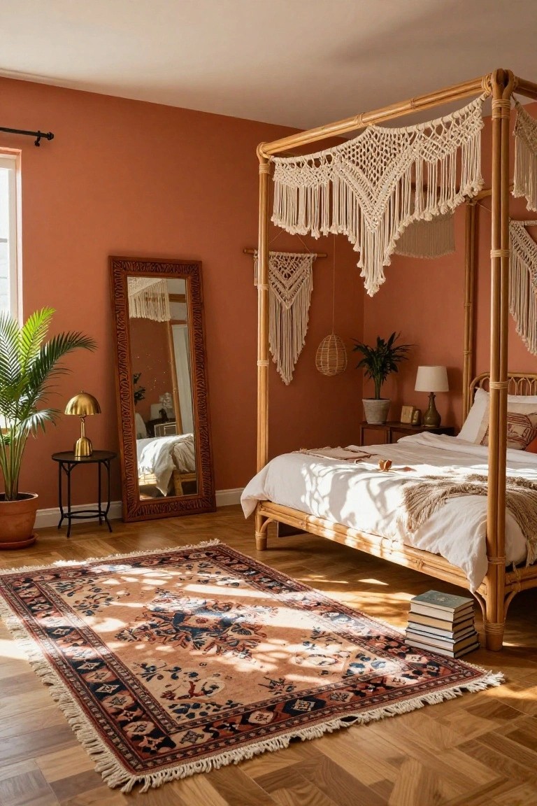 A bohemian bedroom with a tall wooden-framed floor mirror leaning against a terracotta wall next to a potted palm plant, a bamboo canopy bed with white linens and macrame drapes, gold lamp on black side table, patterned rug on parquet floor.