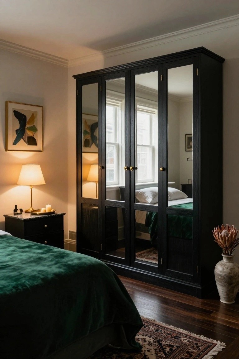 A black three-door wardrobe with full-length mirrored panels stands beside a green velvet bed in a bedroom with white walls, wooden floors, a brass lamp on a nightstand, and a Persian rug.