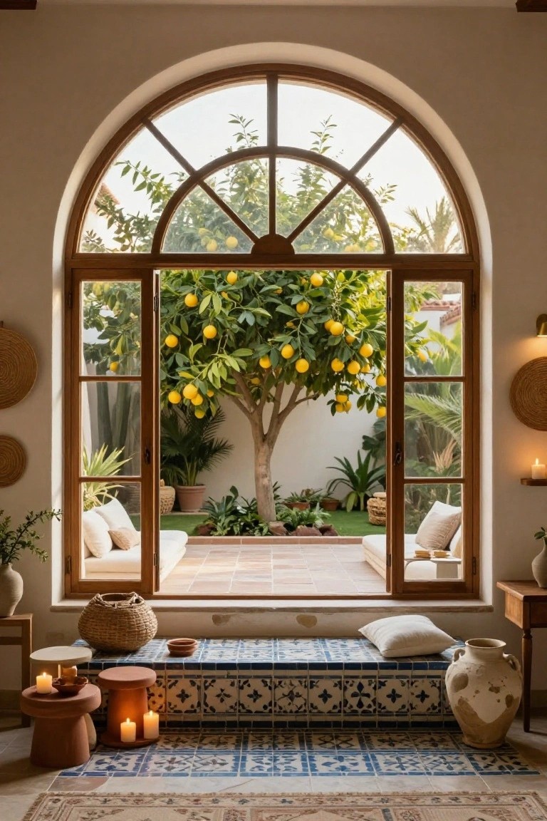 Open arched wooden-framed glass doors in a light interior reveal a courtyard garden centered on a lemon tree with yellow fruit, surrounded by plants, tiled flooring, cushions on seating, and terracotta pots and candles inside.
