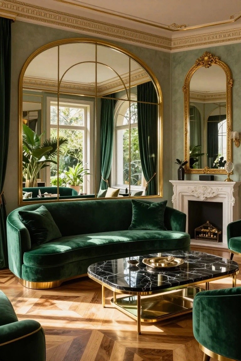 Luxury living room interior with curved emerald green velvet sofa, black marble coffee table on gold legs, large arched gold-framed mirror flanking tall arched window revealing garden greenery, white ornate fireplace, and parquet wood floor.